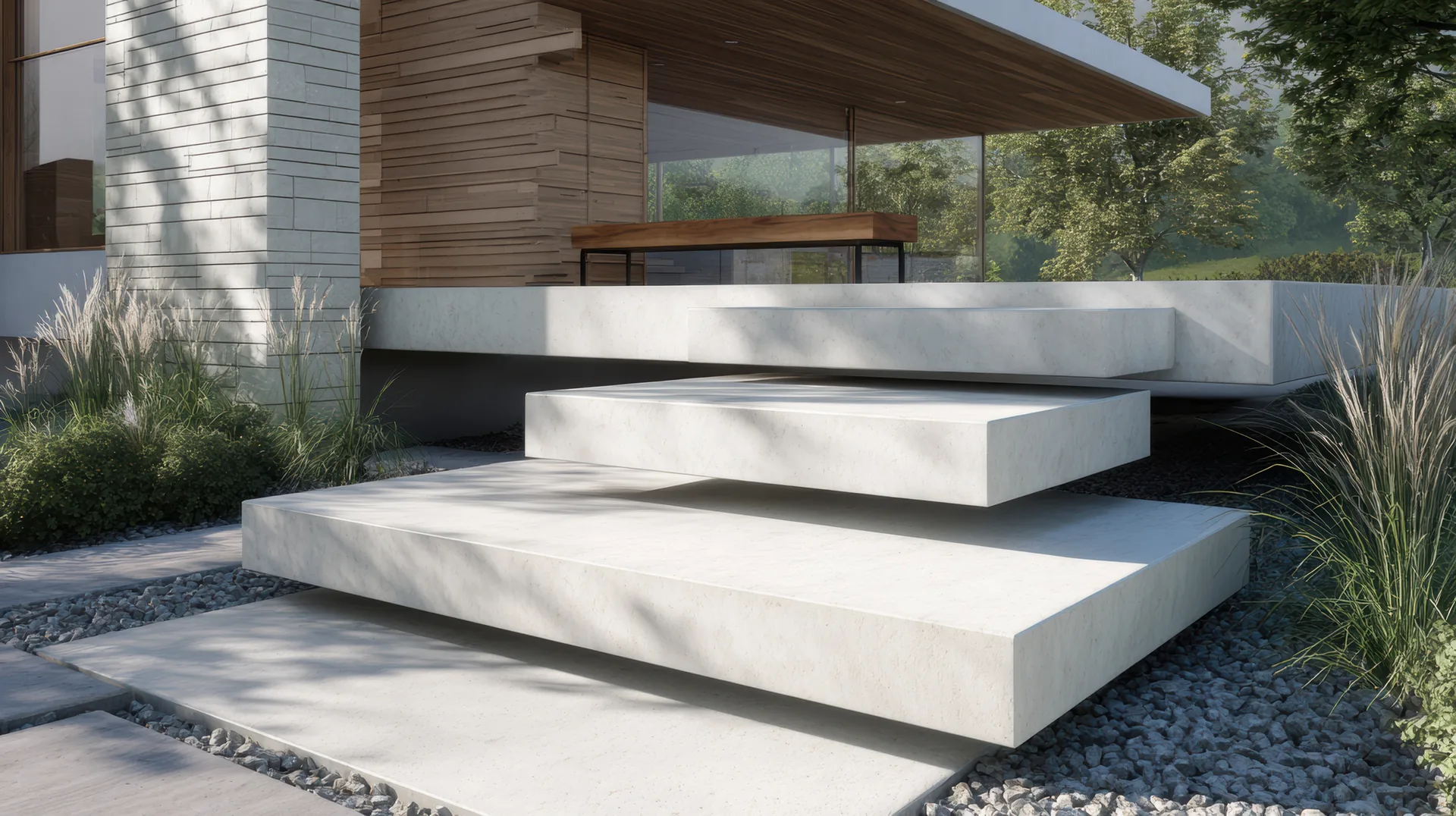 Concrete steps in a landscaped modern garden
