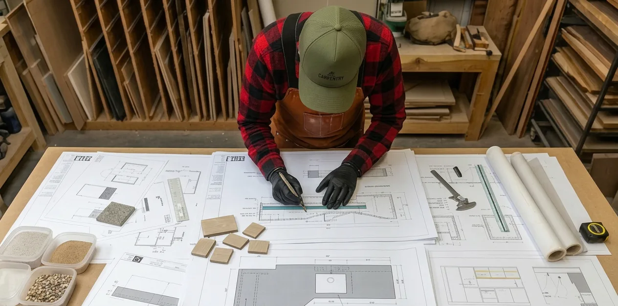 Drawing plans at a workshop bench