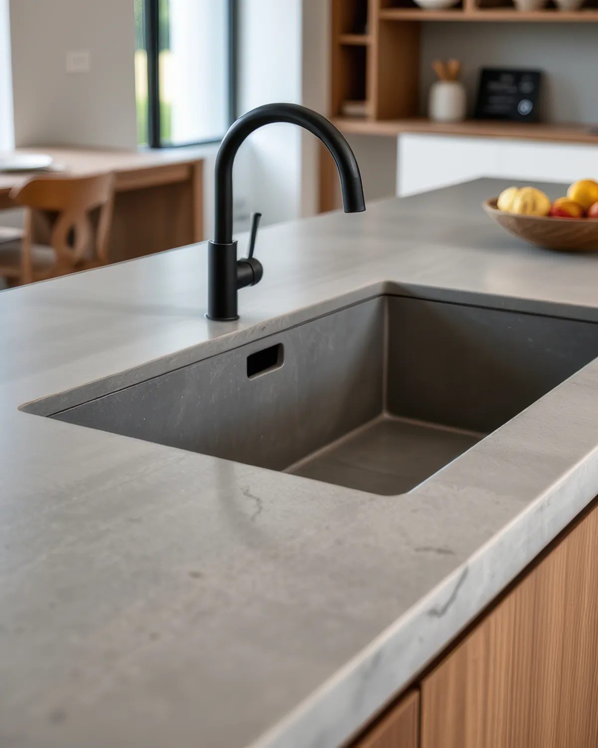 Concrete kitchen island with an undermounted stainless-steel sink, black tap and timber cabinetry