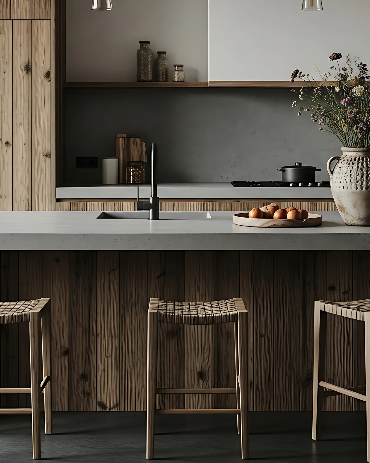 Concrete waterfall kitchen island with rustic timber cabinetry and bar stools