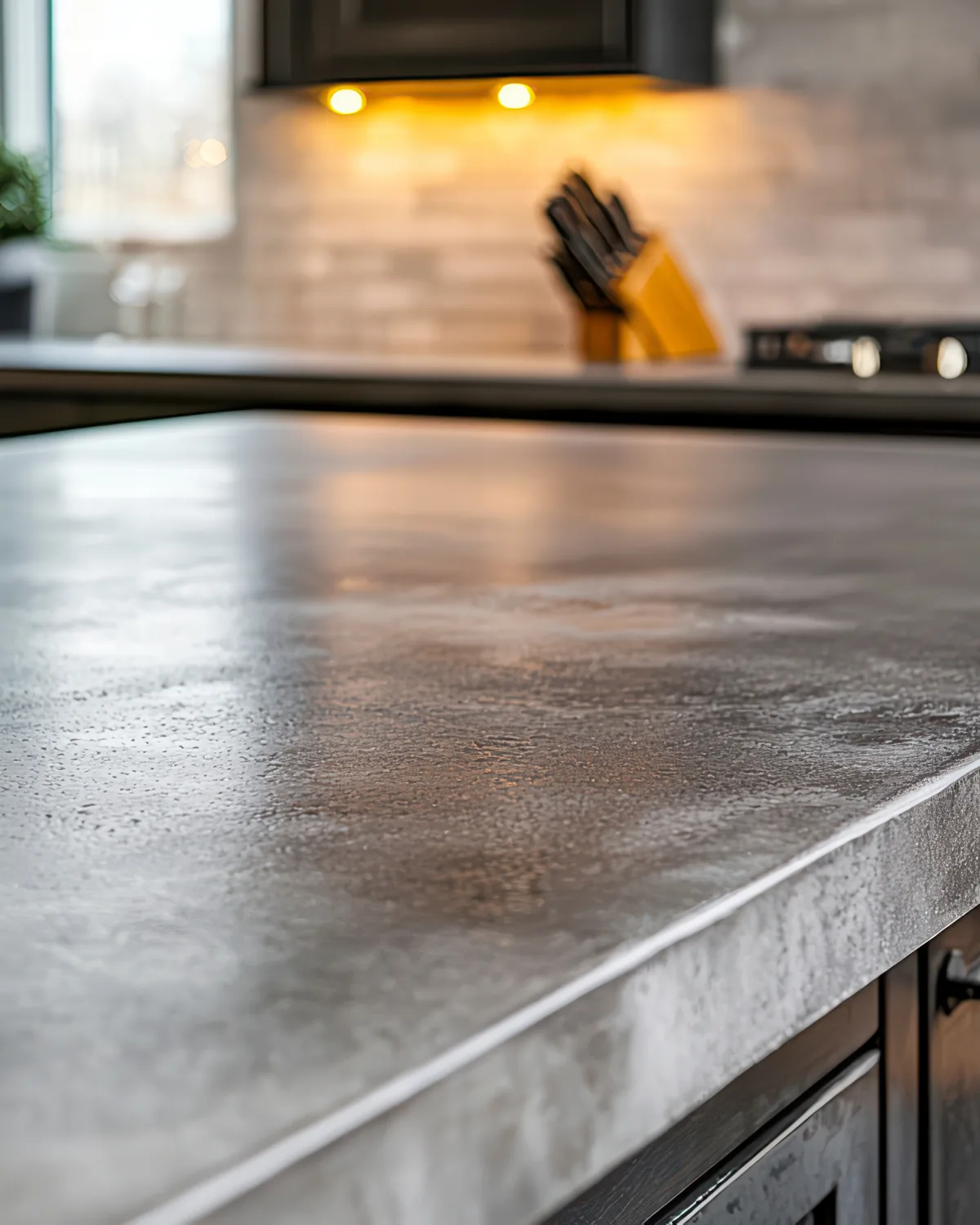 Finished dark polished concrete kitchen worktop