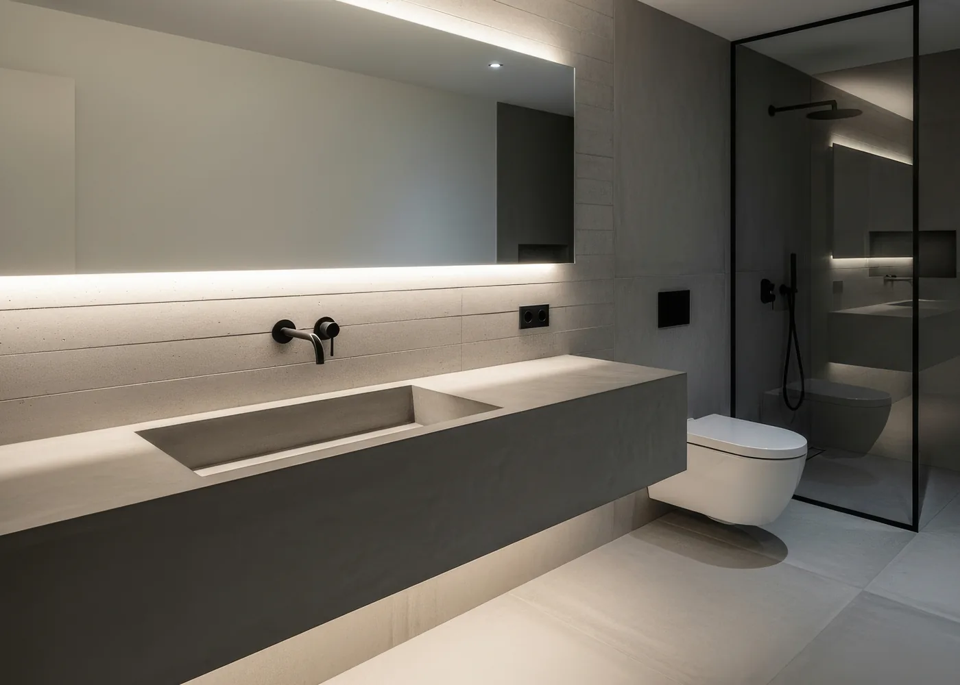 Floating concrete bathroom vanity with a trough basin and illuminated mirror