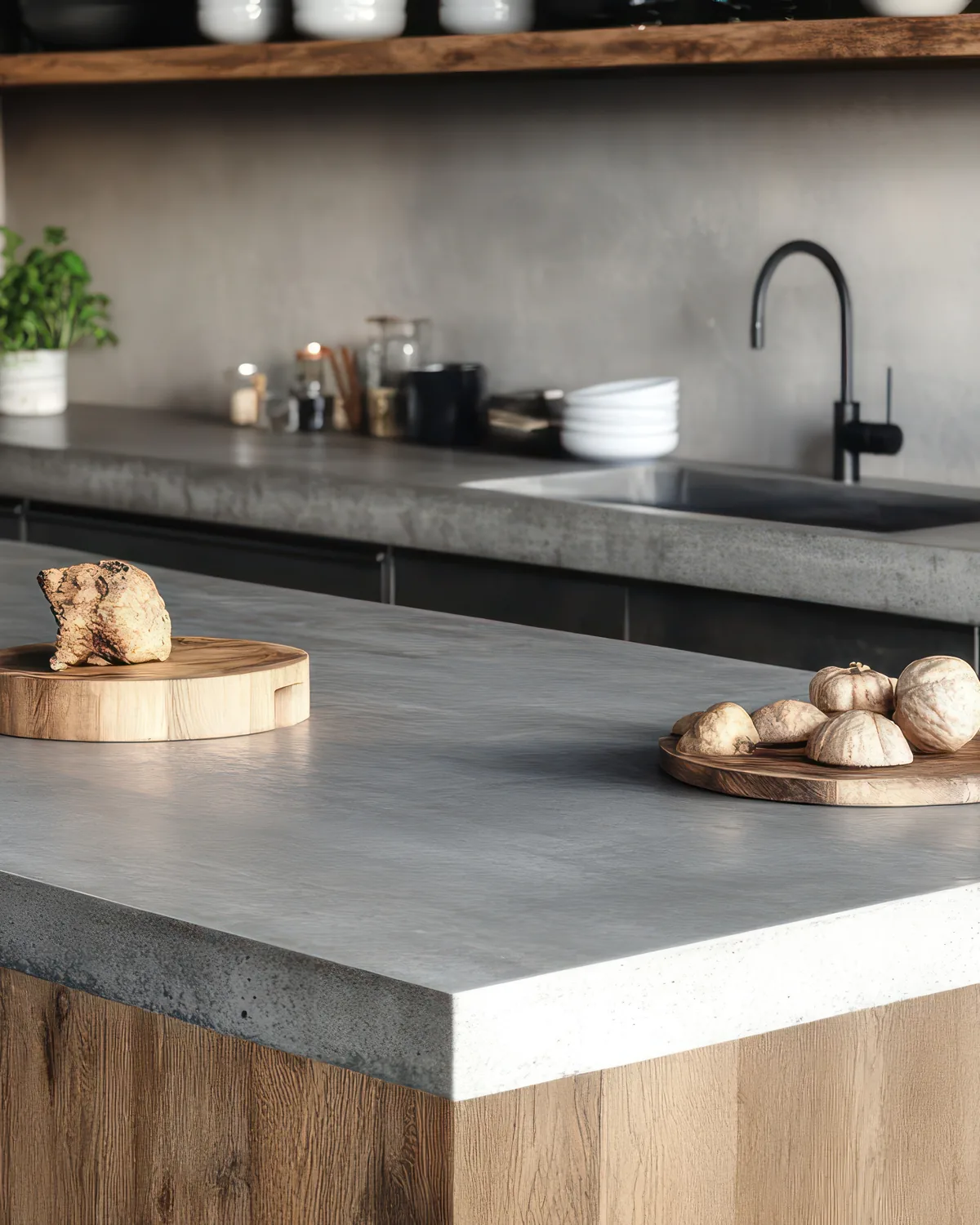 Concrete kitchen island and worktop