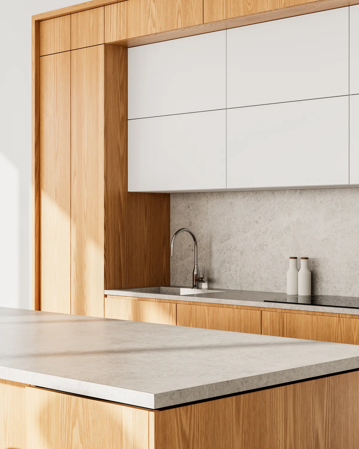 Light concrete island and splashback framed by modern timber cabinetry