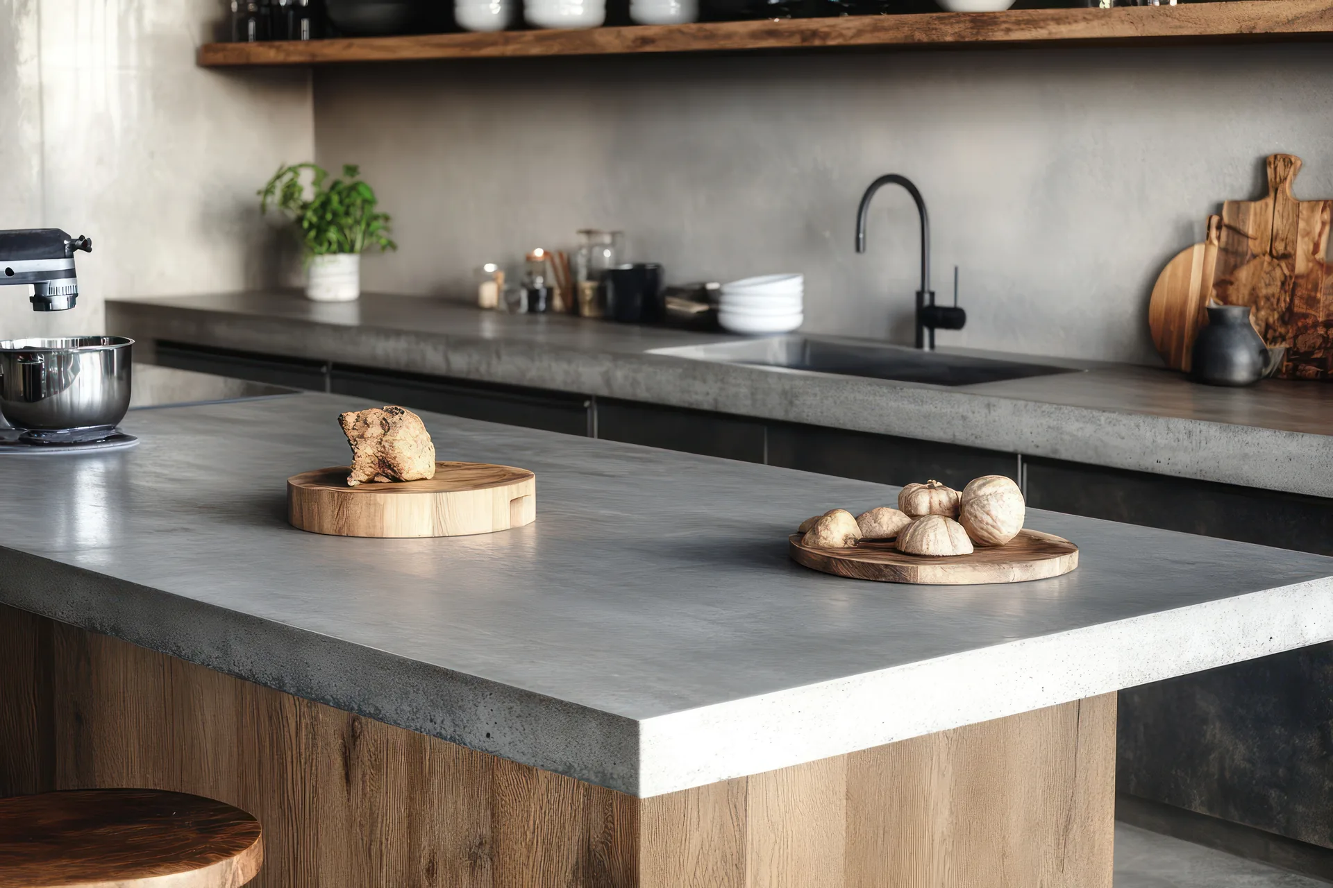 Concrete worktop in a contemporary kitchen